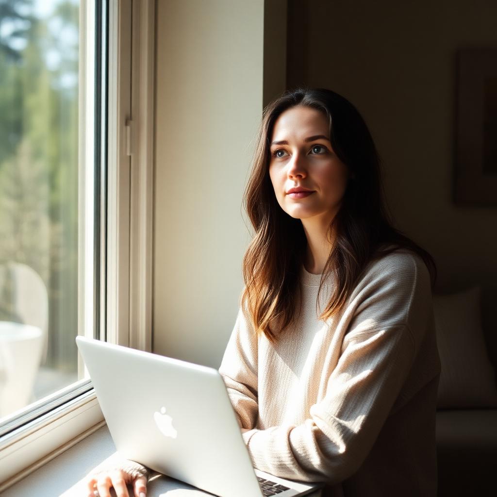 A woman sitting quietly by a sunlit window at home