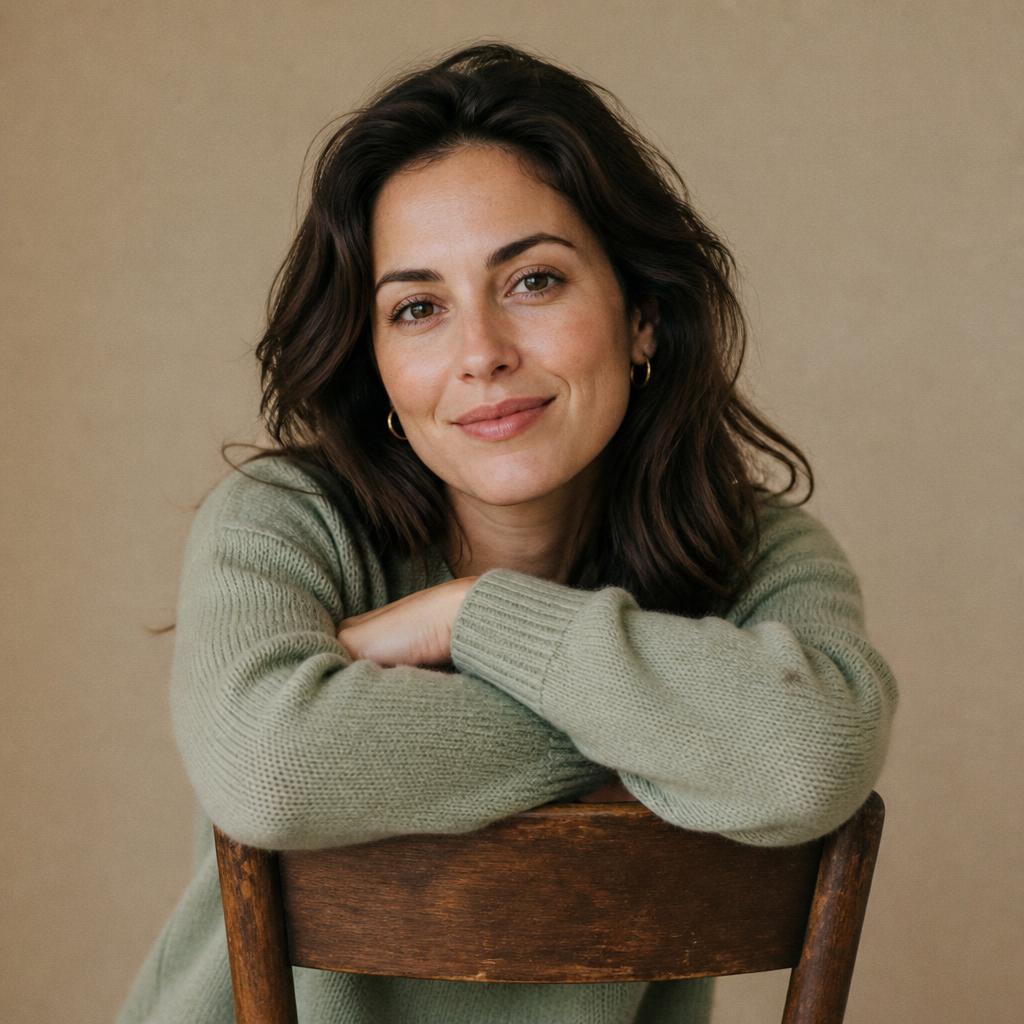 A seated client portrait against a warm neutral backdrop
